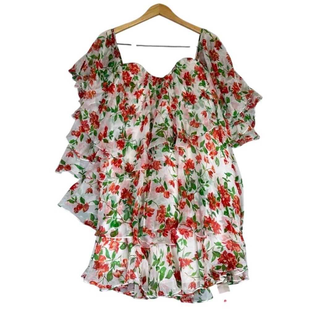 NWT Caroline Constas Cleopatra Silk Mini Dress Red Floral Tiered Ruffle Corset M